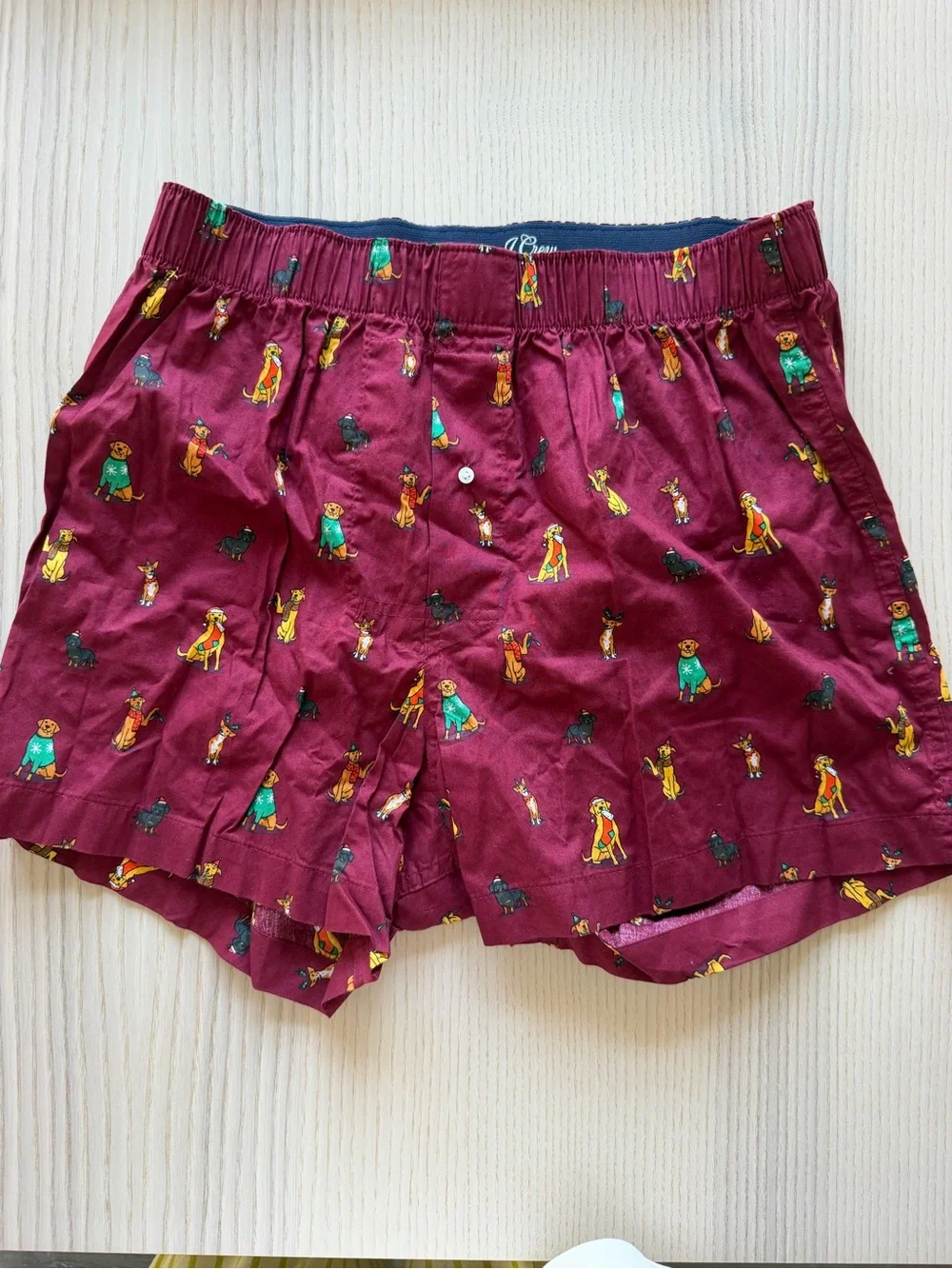 NWOT J.Crew Mens Printed Cotton Boxers Holiday Festive Dogs Maroon Red Size M